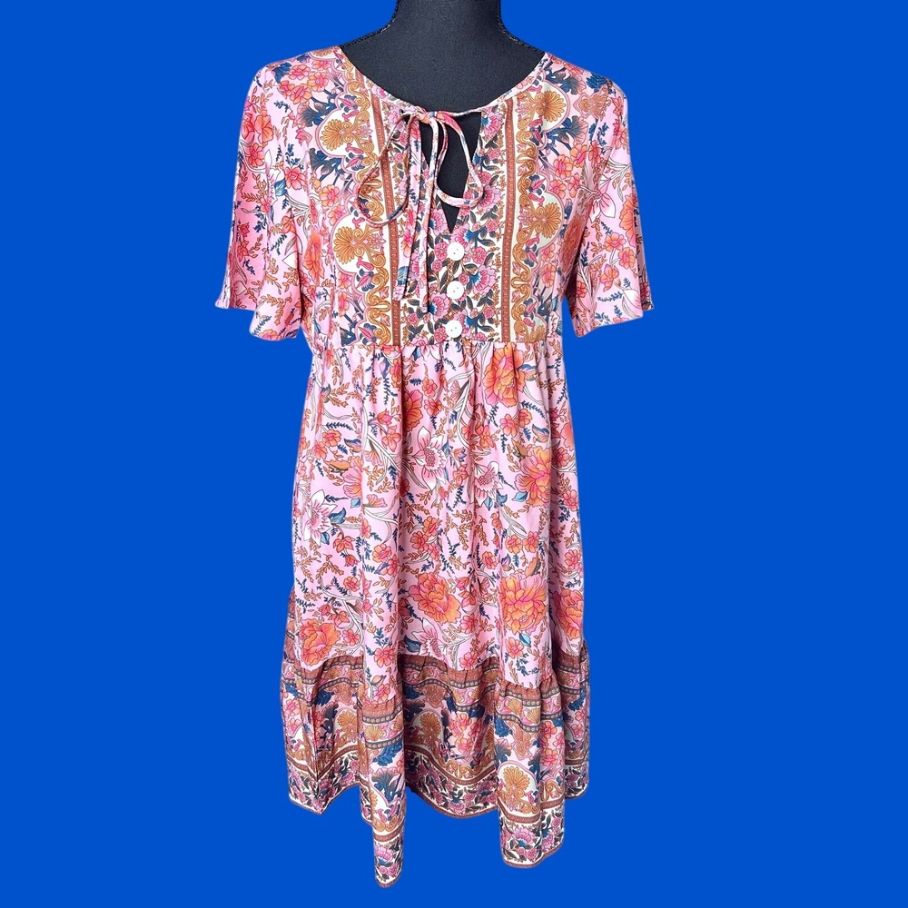 Womens Pink Multicolor Floral Boho Mini Dress Sz S Flowy Cottagecore Pastel